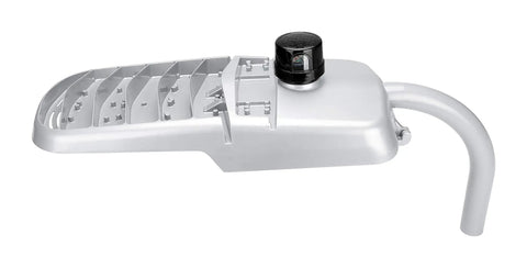 Dusk To Dawn Outdoor Light 80W Security Flood Lamp with 12,000 Lumens Daylight 5000K, curved metal arm, gray finish.