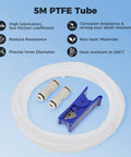 PTFE Filament Tube 2.5mm ID 4mm OD 5m With 2 Couplers And Tubing Cutter For Bambu Lab X1 X1C P1P P1S A1 A1 Mini Prusa MMU3 Creality K1 Max Ender 3 V3 Direct Drive 3D Printer White Ultra Smooth Glide No Drag, displayed with blue tubing cutter and couplers on blue background.