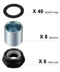 Skateboard Truck Hardware Kit With 8 Spacers, 8 Axle Nuts, and 40 Speed Rings for Skateboard and Longboard, displayed in detail