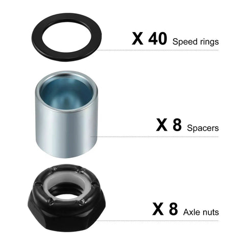 Skateboard Truck Hardware Kit With 8 Spacers, 8 Axle Nuts, and 40 Speed Rings for Skateboard and Longboard, displayed in detail