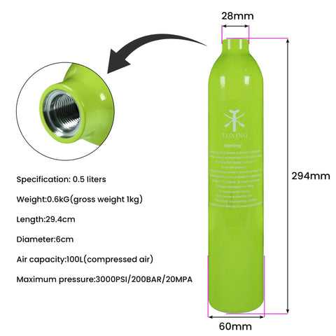 Diagram of Compact Mini Scuba Tank 0.5L Breath Underwater Rig with dimensions and specifications detailed on green cylinder.