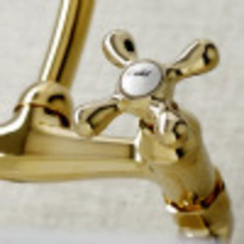 Two Handle Wall Mount Kitchen Faucet in Matte Black Finish with Ceramic Disc Cartridge, solid brass cross handle close-up view.