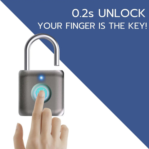 Hand using Biometric Fingerprint Smart Padlock Keyless Thumbprint Lock USB Rechargeable Waterproof Metal for Gym Locker.
