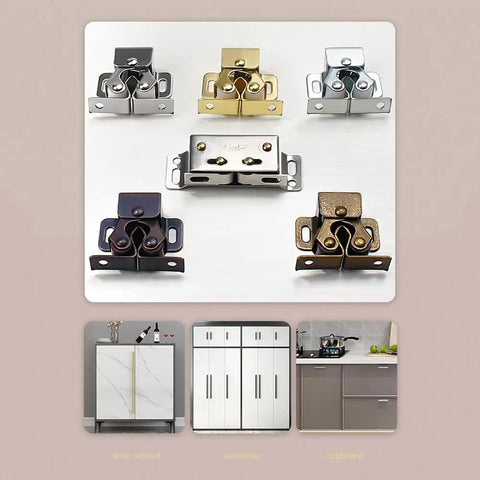 Double Roller Cabinet Catch Kit 40 Pack Solid Brass Adjustable Spring Ball Latch displayed in various colors on table