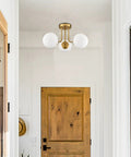 Modern Brass Gold 3 Light Ceiling Fixture With Globe White Glass Shade Semi Flush Mount For Living Room Hallway Sputnik Chandelier Lighting That Delivers Bright Even Illumination And Chic Premium Vibe in hallway
