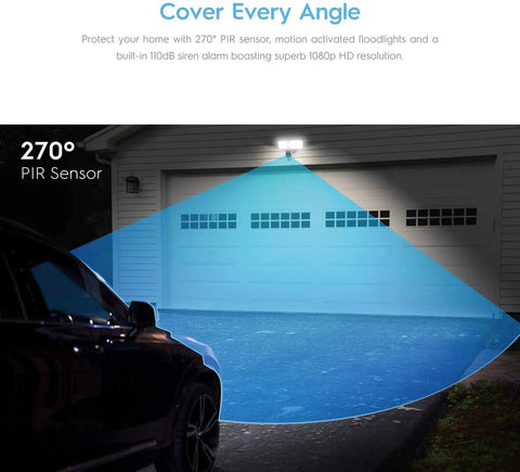 Wireless Floodlight Security Camera With Motion Alerts 1080p HD Night Vision installed above a garage with 270° PIR sensor coverage.