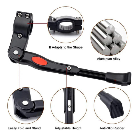 Adjustable Aluminum Bike Kickstand for 22-26 Inch Wheels with folding mechanism, anti-slip rubber, fits 15-28mm chain stays.