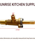 Tough Heavy Duty Natural Gas Range Stove Top Burner Valve Replacements For Commercial Restaurant Kitchens Two Pack Set Made In Taiwan Total Length Three And Three Eighths Inches Stem One And One Quarter Inch, brass valve dimensions shown.