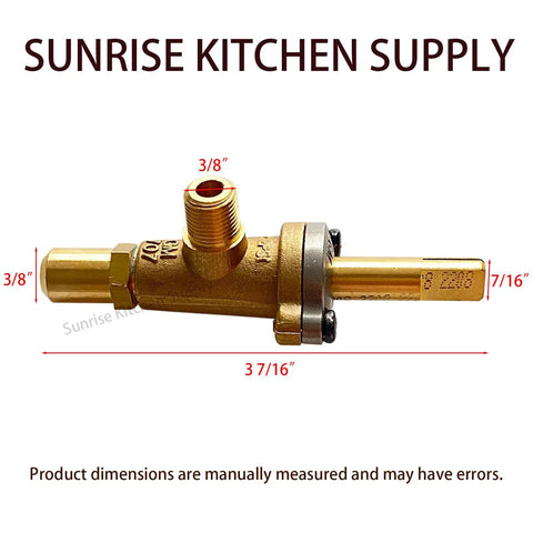 Tough Heavy Duty Natural Gas Range Stove Top Burner Valve Replacements For Commercial Restaurant Kitchens Two Pack Set Made In Taiwan Total Length Three And Three Eighths Inches Stem One And One Quarter Inch, brass valve dimensions shown.