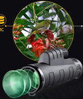10X42 Monocular With Wide Angle View Central Focus featuring a green bird in a tree, showcasing magnification and clarity for wildlife viewing.