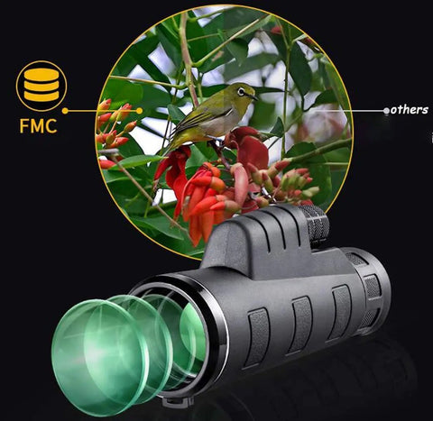 10X42 Monocular With Wide Angle View Central Focus featuring a green bird in a tree, showcasing magnification and clarity for wildlife viewing.
