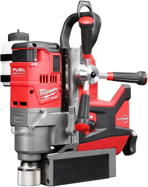Milwaukee 278822HD M18 FUEL 1-1/2 in Lineman Magnetic Drill Kit, red drill with black handles and magnetic base.