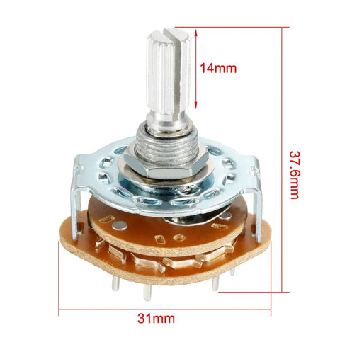 1 Pole 11 Position Band Selector Rotary Switch with 9mm mount thread, single deck, 6mm shaft, 14mm length, 12 pins for control panels.