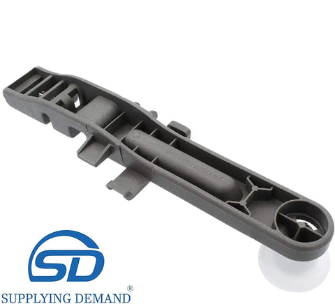 Dishwasher Upper Rack Adjuster And Wheel Assembly Replacement For Easy Height Adjustment And Tilt Fix Fits WPW10571738 AP6023130 PS11756470 Durable Repair Part For Misaligned Racks shown sideways, grey plastic with wheel.