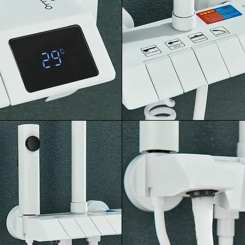 RIBEUJIZS Digital Shower System, White Digital Display Shower System Set LCD showing temperature display and faucet controls.