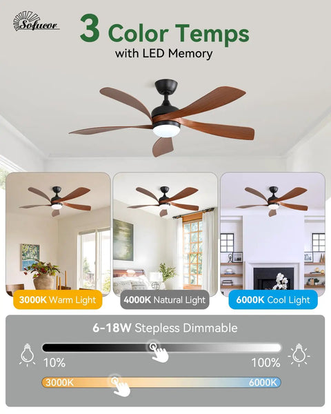 52 Inch Smart Ceiling Fan With Lights And Remote For Indoor And Outdoor Use, display of three color temperature settings with rooms.
