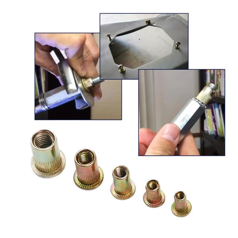 Top Notch 10 Pcs Flat Head Threaded Insert Nuts Made From Zinc Plated Carbon Steel With Knurled Body displayed in different sizes for installation.