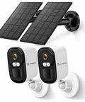 Professional Grade 4MP Wireless Outdoor Security Camera System With Solar Panel And Dual Band Wifi Capturing Hella Crisp Pictures And Badass Smart Motion Alerts mounted on wall with dual solar panels.