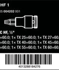 Diagram of Torx HF bit sizes for Torx HF Zyklop One-Half Inch Drive Bit Socket Set, Nine-Piece With Holding Function.