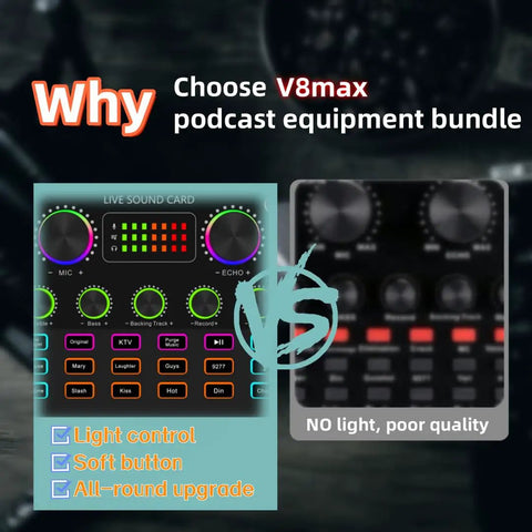 Comparison of V8max Voice Changer And Podcast Microphone Bundle sound card with another, highlighting features.