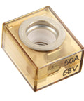 Rock Solid 50 Amp MRBF Terminal Fuse With IP66 Waterproof Marine Build And 58V DC Circuit Shield for trucks and boats, clear casing.