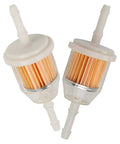 Inline Fuel Filter Compatible With Kohler 25 050 22-S And 25 050 03-S 25 050 08-S For John Deere Small Engines Fits One Quarter Inch And Five Sixteenth Inch Fuel Line Replaces 71-5960 38666 149-2206-01 21541500 98021 GY20709, shown in a pair with translucent casing and pleated filter inside.