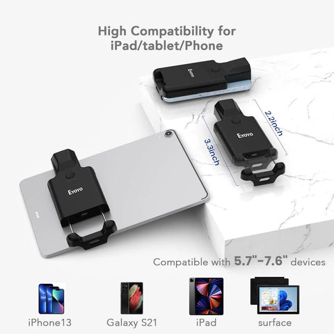 Portable Bluetooth Barcode Scanner With 3000mAh Battery for 1D 2D QR Codes shown next to iPad, compatible with iPhone and Android devices.