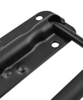 Close-up of black Heavy Duty Spring Loaded Surface Mount Folding Handles with stainless steel construction and rubber grips for tool chests.