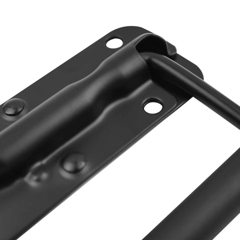 Close-up of black Heavy Duty Spring Loaded Surface Mount Folding Handles with stainless steel construction and rubber grips for tool chests.