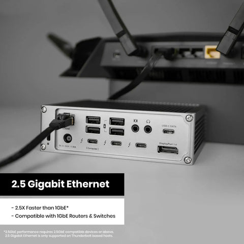 Next Level Thunderbolt 4 Dock Packing 18 Ripping Fast Ports Delivers 98 Watt Juice Powers Flawless 8K Dual Monitors And Boasts Blazing Ethernet For Mac And Windows. Close-up of connectivity ports with 2.5 Gigabit Ethernet.