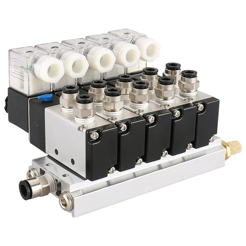 Five Station Solenoid Valve Manifold, 110V AC, 5 Way 2 Position Pneumatic Air Valve, 1/4 Inch PT Port, Includes Manifold Base and Mufflers