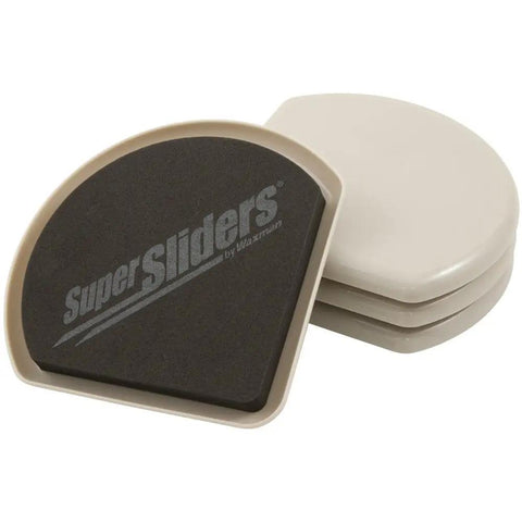 Stack of 5 Inch Corner Furniture Sliders For Carpet Set Of 4 Beige Anti Slip Moving Pads with 'SuperSliders' logo visible