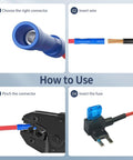 Add A Circuit Fuse Tap Kit For 12V Vehicles 16 Pack installation steps with blue connector and tools for cars and trucks