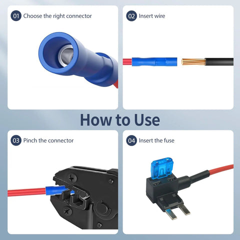 Add A Circuit Fuse Tap Kit For 12V Vehicles 16 Pack installation steps with blue connector and tools for cars and trucks