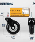 Heavy Duty 3 Inch M6 Metric Threaded Stem Casters Set Of 4, Polyurethane Swivel Wheels with dimensions and size details.