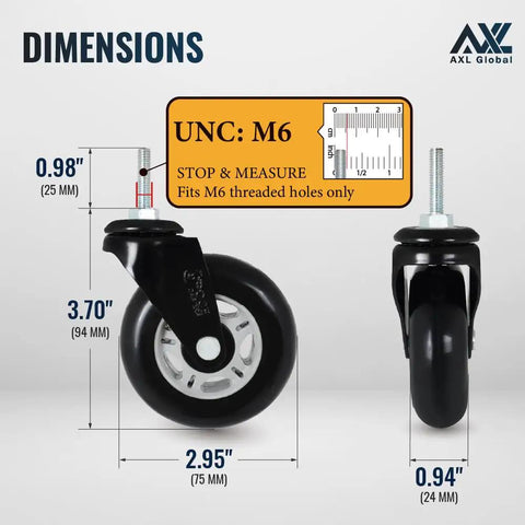 Heavy Duty 3 Inch M6 Metric Threaded Stem Casters Set Of 4, Polyurethane Swivel Wheels with dimensions and size details.