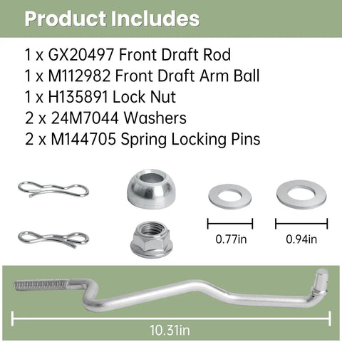 Front Draft Rod And Mower Deck Lift Linkage Arm Kit For 100 Series Tractors Pro Grade Replacement Mounting Hardware M112982 H135891 24M7044 M144705 Included Compatible With 102 105 107H 107S 115 125 155C 190C 92H Models, 10.31in rod with washers and lock nut
