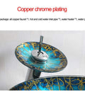 USZWBY Blue and Gold Pattern Tempered Glass Vessel Sink for Bathroom Countertop Basin Sink Mounted Bowl with copper chrome faucet