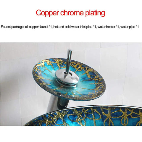 USZWBY Blue and Gold Pattern Tempered Glass Vessel Sink for Bathroom Countertop Basin Sink Mounted Bowl with copper chrome faucet