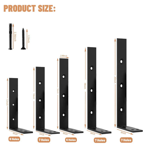 Heavy Duty Countertop Support Brackets 12 Inch 4 Pack With Hardware, various sizes displayed, black steel finish.