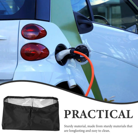 Top Shelf Outdoor Electric Vehicle Charger Cover Built Different With Heavy Duty Waterproof Cloth Shield For Tesla Wall Connector Level Two Port Guard Keeps Your Charge Cable Dry During Slick Rain Mess, showcasing the cover on an EV charging.