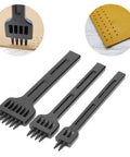 Leather Craft Stitching Punch Tool Set 3 Piece 2 Prong 4 Prong 6 Prong Chisel 4mm shown with neat punched leather holes