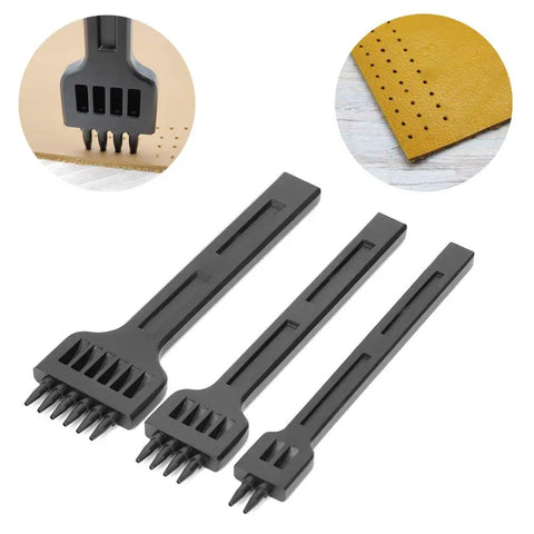 Leather Craft Stitching Punch Tool Set 3 Piece 2 Prong 4 Prong 6 Prong Chisel 4mm shown with neat punched leather holes