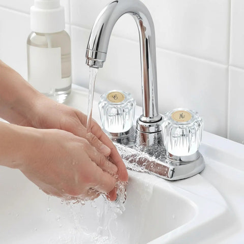 Hands under water stream with Two Pack Clear Acrylic Faucet Handles Replacement Kit For Tub And Shower Knobs on bathroom sink