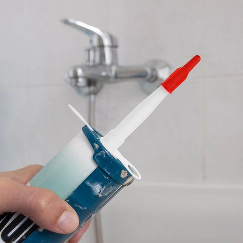 Super Fast Swap 100 Pack Plastic Caulking Nozzle Extenders With 1/2 Inch Thread For Hot Glue Guns And Sealant Jobs To Speed Up DIY Home Repair Work, red cap shown
