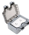Tough As Nails IP66 Weatherproof Outdoor Electrical Outlet Box open, showing dual 15A power sockets and rainproof seal.