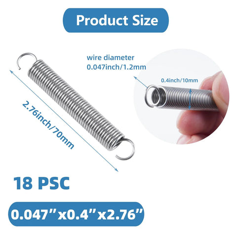 Front view of a stainless steel extension spring with hook ends; 0.047 inch wire, 2.76 inch length, 18-pack.