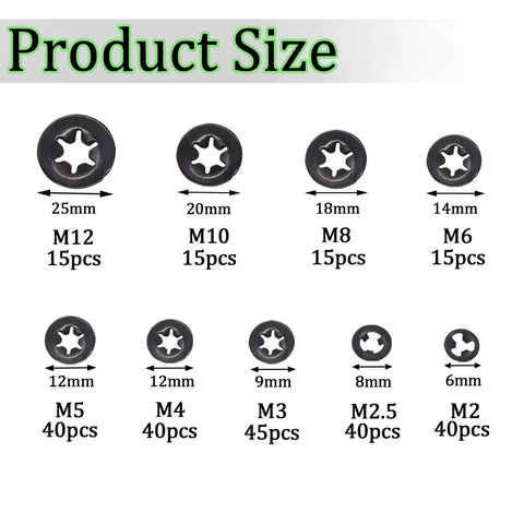 Ruipaba 265-piece internal-tooth star lock washer assortment in 9 sizes (M2–M12), black metal push-on washers.