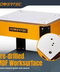 Mobile Planer Table Stand With Melamine MDF Top And Built Tough Heavy Duty Frame With Wheels UT1008V close-up of pre-drilled surface