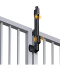 Straight Up Tough Top Pull Pool Safety Gate Latch With Audible Alarm Feature keeping gate secure on a gray pool gate.